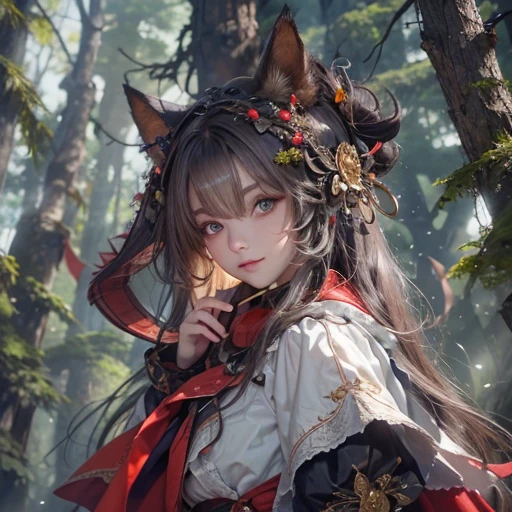 Standing in the forest、Hair flow、 ((highest quality、masterpiece、8k、Best image quality、Ultra-high resolution、Award-winning works)、(Accurate anatomy:1.1)、(Look at me and smile:1.1)、Shining fair skin with Ultra-high resolution、The most detailed face、Ultra-high resolution detailed face、Ultra-high resolutionの髪の毛、(Ultra-high resolution eye:1.1)、Beautiful face drawn in every detail、little red riding hood Costumes , Chest to chest, Strange atmosphere, A real werewolf stares at her..., Dark Light, in the forest , Heavy makeup