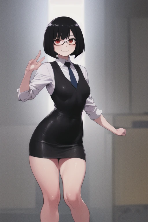 (best quality, Masterpiece 1.2), detailed,1 Girl, Solitary,looking at the audience,Simple background,
Dynamic poses,Smile ,detailed eyes , whole body, Red Eyes, black hair ,  bob cut, Office female staff, Become a, tie, Glasses, mini skirt,
bokuman