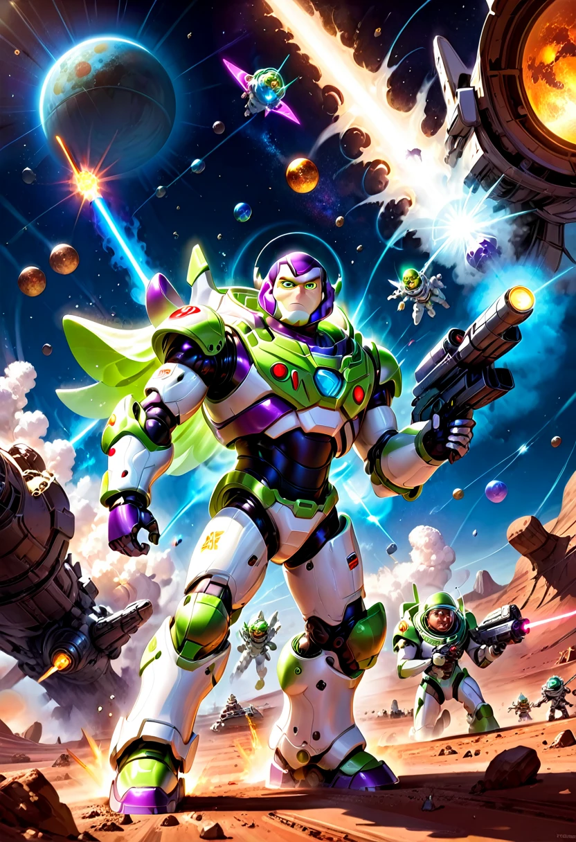 Buzz Lightyear, Action figure of buzz lightyear on mars in an epic battle with aliens shooting his laser beam, hyperrealistic, hyperdetailed, epic fantasy art, 16k resolution, polished, explosions stars and space ships in the background, bokeh, high contrast, dynamic lighting
