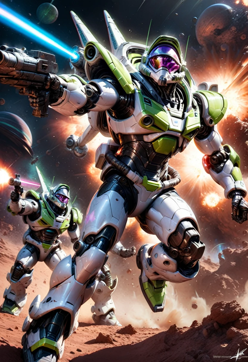Buzz Lightyear, Action figure of buzz lightyear on mars in an epic battle with aliens shooting his laser beam, hyperrealistic, hyperdetailed, epic fantasy art, 16k resolution, polished, explosions stars and space ships in the background, bokeh, high contrast, dynamic lighting