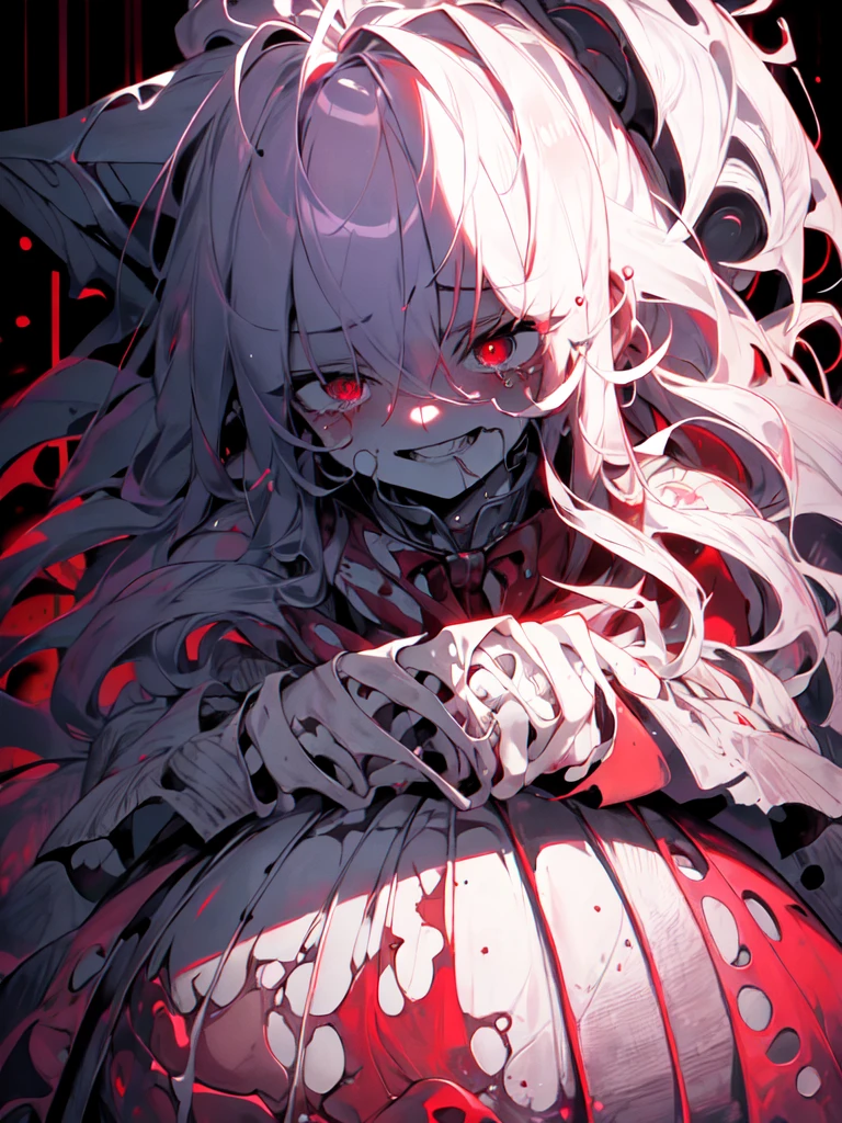 komaeda_nagito,1boy, alone,crying,wearing a torn white men's shirt,extremely detailed,teary eyes,soaked lashes,emotional expression,intense sadness,dripping tears,rosy cheeks,crazy eyes,crazy smile,mental illness,true-to-life textures,highly refined details,perfect anatomical structure,vibrant hues,artistic composition,breathtaking realism,masterful craftsmanship,highly emotional scene,silent sorrow,in a mental asylum, dim lighting,red blood,blood splatter, horror, creepy,moisture in the air, stark contrast,moody ambiance,precise contours,striking emotion,touching portrayal,painstaking attention to detail,aesthetically pleasing,heart-wrenching,deeply moving artistry
