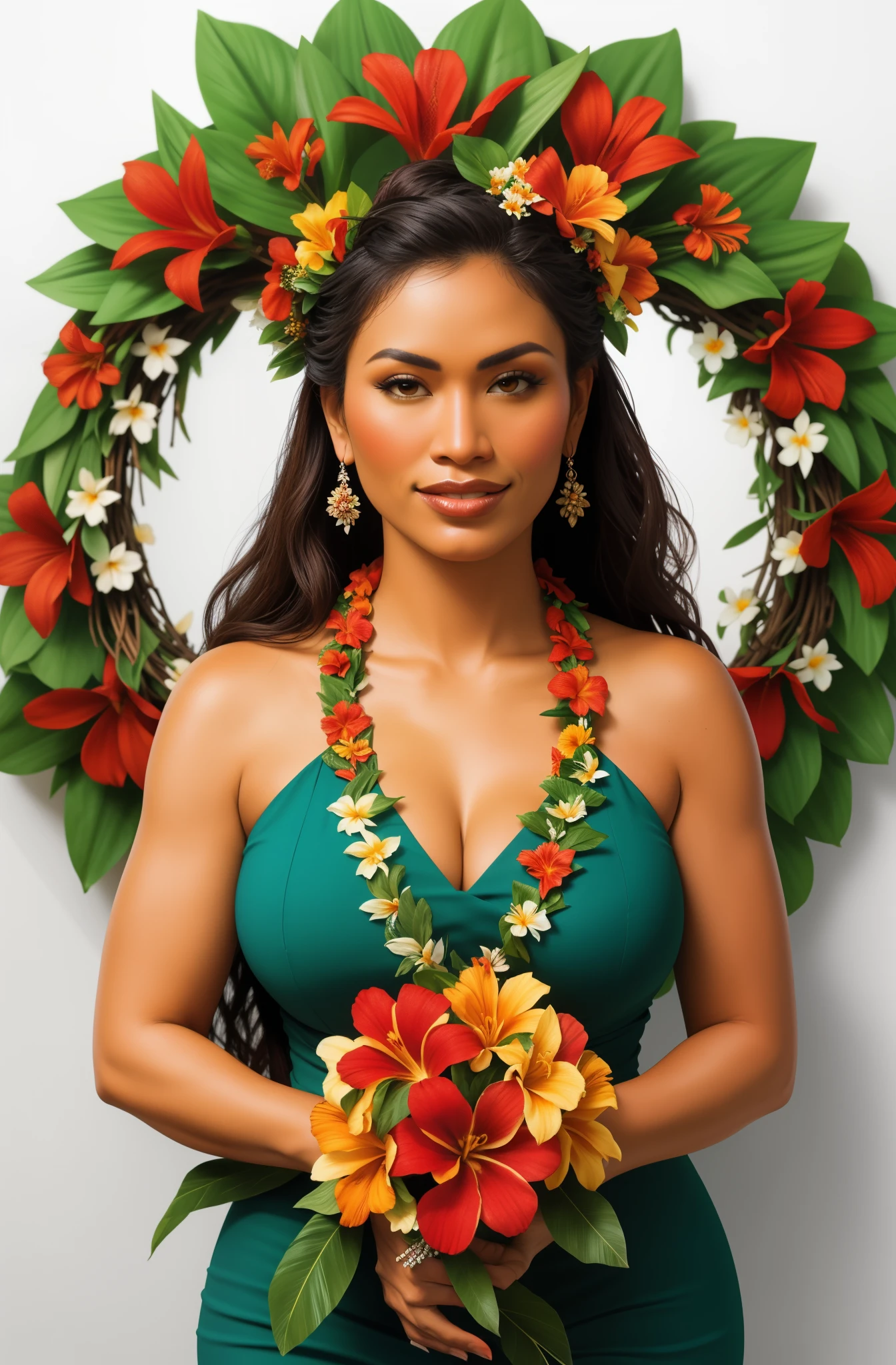 Hawaiian woman wearing a wreath of flowers