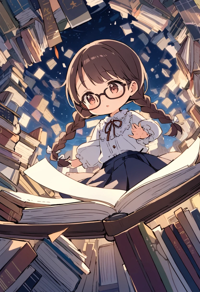 japanese Cute Baby,a small face,tween,(glasses, twin braids),(White blouse,Navy Pleated Skirt,Brown Loafers),(beautiful Detailed face),dynamic angle,Immerse yourself in reading,BREAK, in A Planet Made of Books,Many books floating in the air,