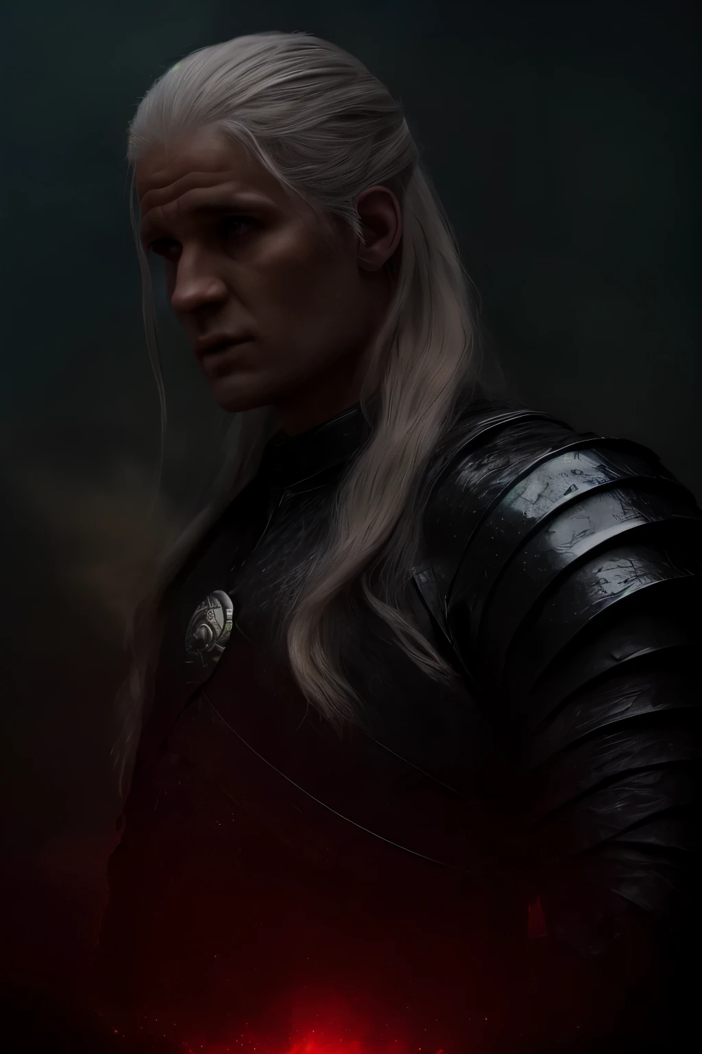 Upic Cinematic poster of Daemon Targaryen, male, silver long hair, strong jaw, concentrated eyes, crimson, ((magical falmes in background)) . Realistic, highly detailed, detailed face, intricate, vivid colors, 8k, cinematic lighting. 
 