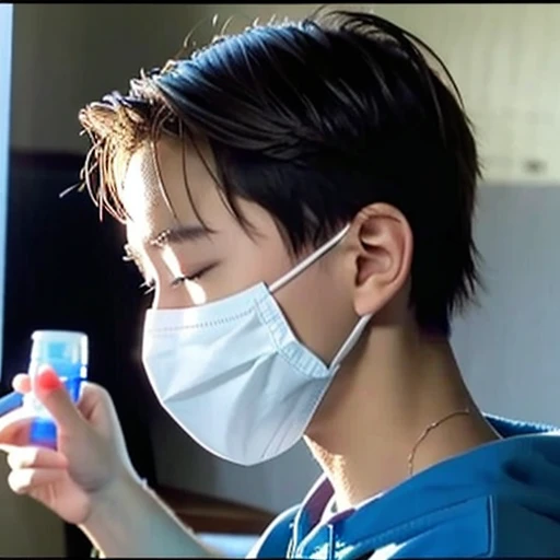 good looking10A boy of about 18 years old is suffering from an infectious disease.、Appearance of suffering. He is wearing a white mask. He has a high fever. he is sleeping. He has a cough. He is exhausted. He is taking his temperature with a thermometer. He is dying. He is cooling his forehead with a cooling gel sheet..