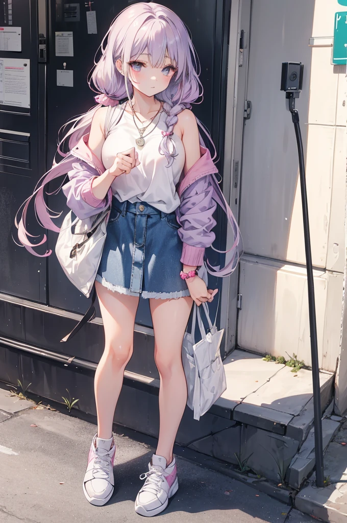 Generate a detailed, high-quality, 8k image of Hinata Hyuga from Naruto Shippuden, showcasing her full appearance and a modern, fashionable outfit suitable for contemporary settings. Start by emphasizing Hinata's soft lavender hair, styled in loose waves that frame her face delicately. Her eyes should be a captivating shade of pale lavender, expressing her gentle yet determined spirit with intricate detail. Hinata's complexion should be fair, with a subtle flush of pink on her cheeks adding to her overall charm. For her modern outfit, envision a trendy yet chic ensemble that reflects Hinata's personal style. Opt for a fitted denim jacket with distressed detailing, layered over a soft pastel-colored camisole. Pair this with high-waisted skinny jeans in a light wash, accentuating her slender figure and elongating her legs. Accessorize the outfit with a delicate pendant necklace and a stack of minimalist bracelets for a touch of sophistication. Choose footwear that balances style and comfort, such as white sneakers or ankle boots with a subtle heel. To complete the look, style Hinata's hair in a loose braid or a half-up, half-down hairstyle, adding a modern twist with a hair scarf or scrunchie. Keep her makeup natural and fresh, with rosy cheeks, glossy lips, and a subtle smoky eye to enhance her lavender gaze. Capture Hinata in a confident yet relaxed pose, exuding warmth and elegance in her modern attire. Pay meticulous attention to detail in rendering her outfit and features, ensuring a highly realistic portrayal. Deliver a final image of the highest quality, showcasing Hinata Hyuga in her contemporary, fashion-forward ensemble.