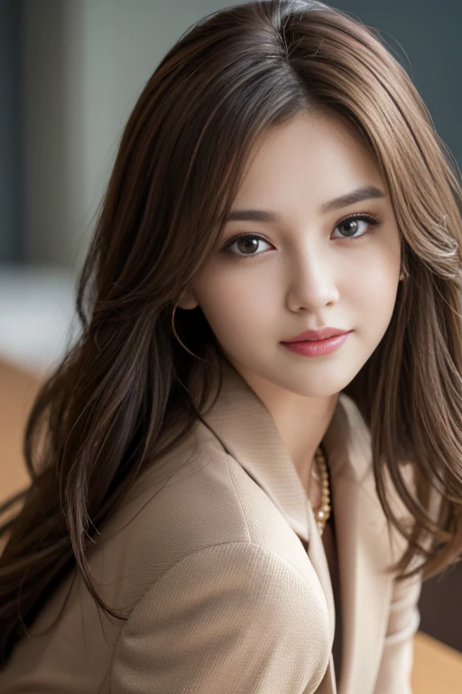 On the table, best quality, Practical, Super detailed, Finely, high resolution, 8k wallpaper, 1 Beautiful woman,, Light brown messy hair, Wearing a suit, Clear focus, Perfect dynamic composition, Beautiful and delicate eyes, Thinning hair, Detailed Practical skin texture, Smile, Close-up portrait, Model figure