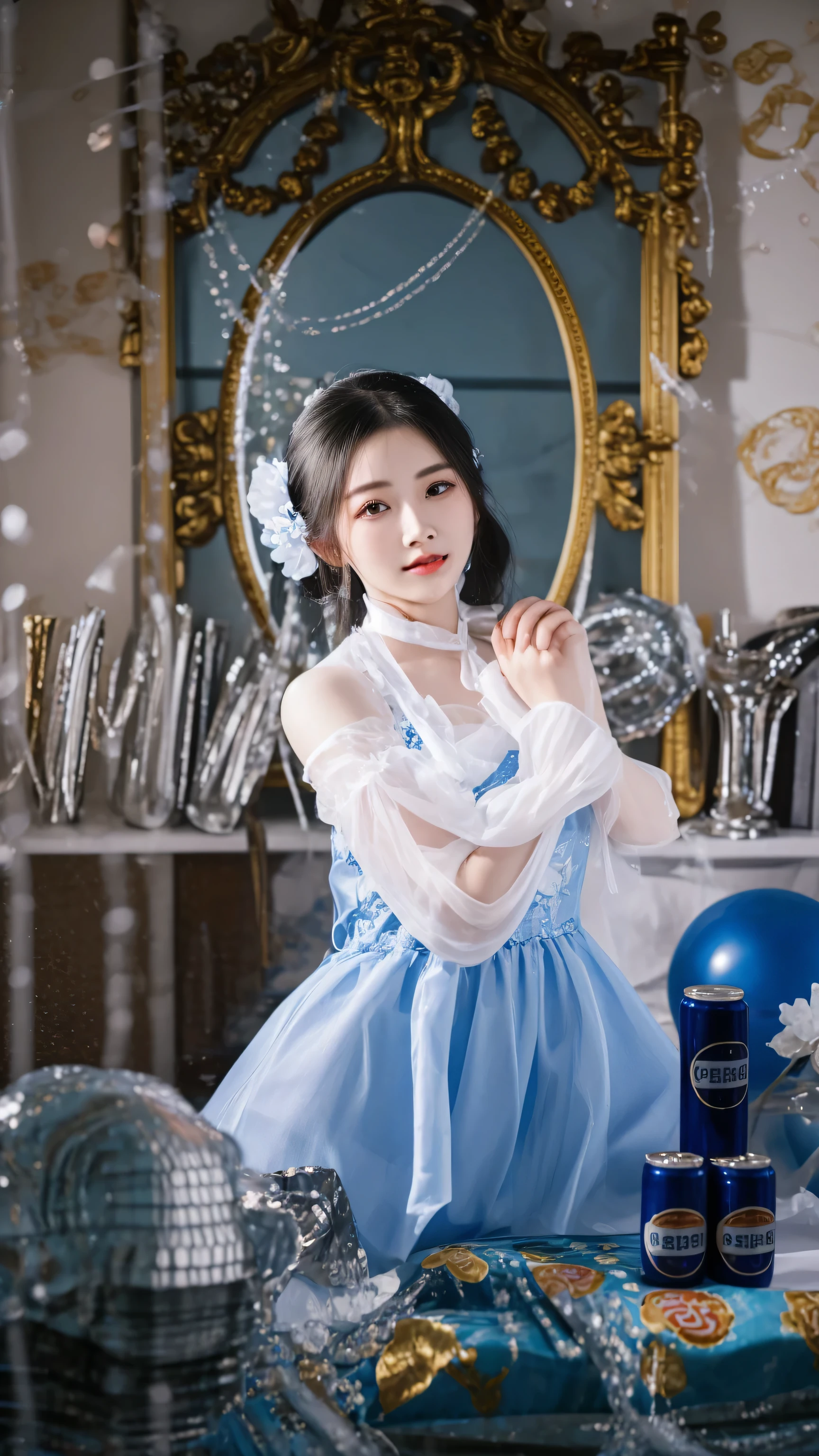 there is a woman in a blue dress posing for a picture, full body xianxia, sha xi, wearing a blue qipao dress, wenfei ye, queen of the sea mu yanling, cai xukun, in a blue qipao, chengyou liu, xintong chen, captured on canon eos r 6, fanart, li zixin