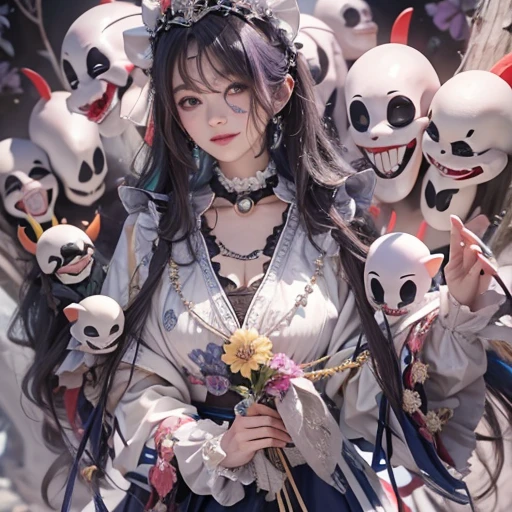 Hiding in the tomb、Hair flow、 ((highest quality、masterpiece、8k、Best image quality、Ultra-high resolution、Award-winning works)、(Accurate anatomy:1.1)、(Look at me and smile:1.1)、Shining fair skin with Ultra-high resolution、The most detailed face、Ultra-high resolution detailed face、Ultra-high resolutionの髪の毛、(Ultra-high resolutionの煌めく瞳:1.1)、Beautiful face drawn in every detail、Cheerful clown costume, Chest to chest, tattoo,Strange atmosphere, Ghosts flow, Dark color makeup 