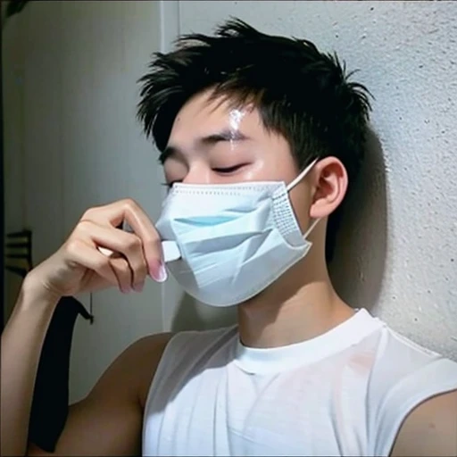 good looking10A boy of about 18 years old is suffering from an infectious disease.、Appearance of suffering. He is wearing a white mask. He has a high fever. he is sleeping. He has a cough. He is exhausted. He is taking his temperature with a thermometer. He is dying. He is cooling his forehead with a cooling gel sheet..