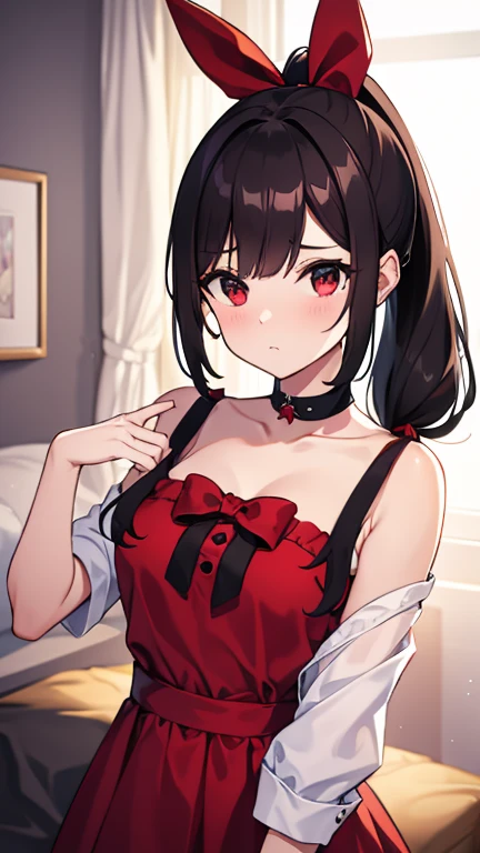 adulto, Cabello negro ondulado, mirada penetrante con ojos profundos de color rojo, estatura promedio, Silky hair with a ponytail hairstyle collected with a red bow with two white lines, tiene pechos grandes, primer plano, session, standing in the middle of his room [[[[Maid]]] , Sonrojada, muslos grandes, maid