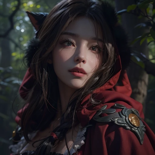 Standing in the forest、Hair flow、 ((highest quality、masterpiece、8k、Best image quality、Ultra-high resolution、Award-winning works)、(Accurate anatomy:1.1)、(Look at me and smile:1.1)、Shining fair skin with Ultra-high resolution、The most detailed face、Ultra-high resolution detailed face、Ultra-high resolutionの髪の毛、(Ultra-high resolution eye:1.1)、Beautiful face drawn in every detail、little red riding hood Costumes , Chest to chest, Strange atmosphere, A real werewolf stares at her..., Dark Light, in the forest , Heavy makeup