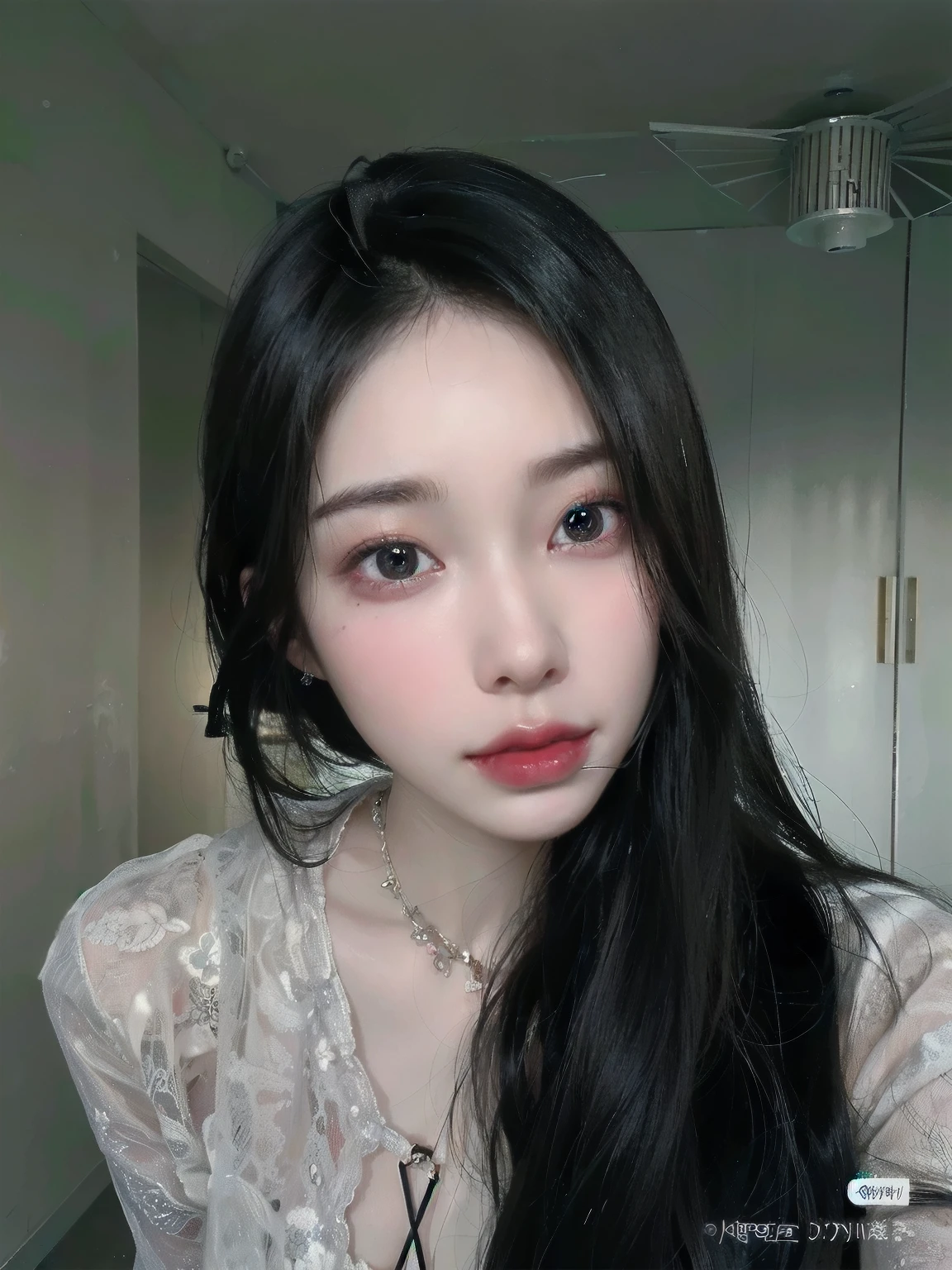 There is a woman with long black hair and a necklace., 8k selfie photo, south east asian with round face, Best Face, pale milky white porcelain skin, Young lovely Korean face, Beautiful young Korean girl, Popular Korean Makeup, pale, round face, Young, pale and beautiful Asian face, small heart shaped face, Korean facial features, pale porcelain white skin