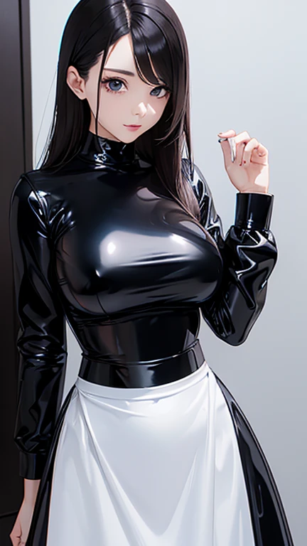 A woman wearing a latex maid outfit、Long sleeve、Tight long skirt、Latex shirts