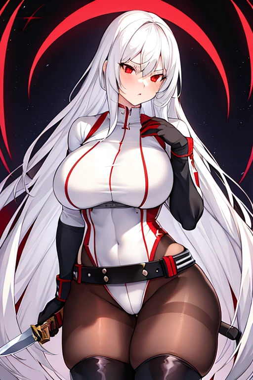 1girl, white hair, long hair, red eyes, serious, glowing eyes, , thick thighs, mature female, athletic  female, toned, leotard, black leotard, thighhighs, belt, knife, knifes, pantyhose