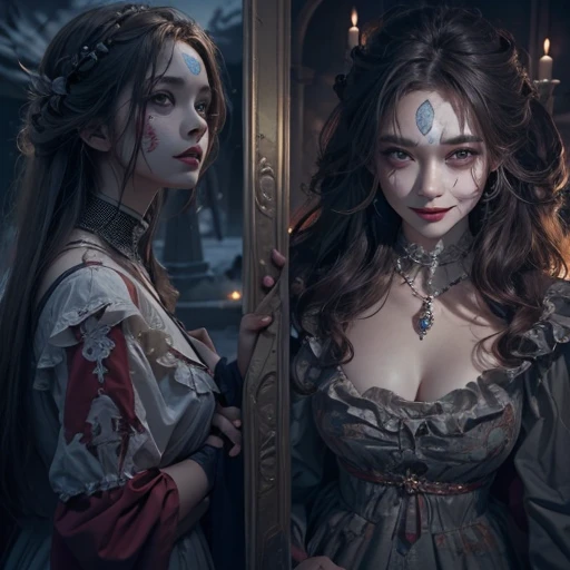 Standing in the grave、Hair flow、 ((highest quality、masterpiece、8k、Best image quality、Ultra-high resolution、Award-winning works)、(Accurate anatomy:1.1)、(Look at me and smile:1.1)、Shining fair skin with Ultra-high resolution、The most detailed face、Ultra-high resolution detailed face、Ultra-high resolutionの髪の毛、(Ultra-high resolution eye:1.1)、Beautiful face drawn in every detail、Cheerful clown costume, Chest to chest, Strange atmosphere, Ghosts flow, Dark Light, At the cemetery, Heavy makeup