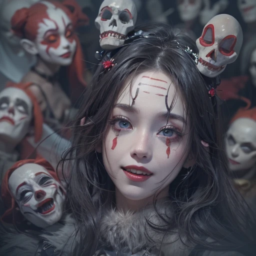 Standing in the grave、Hair flow、 ((highest quality、masterpiece、8k、Best image quality、Ultra-high resolution、Award-winning works)、(Accurate anatomy:1.1)、(Look at me and smile:1.1)、Shining fair skin with Ultra-high resolution、The most detailed face、Ultra-high resolution detailed face、Ultra-high resolutionの髪の毛、(Ultra-high resolution eye:1.1)、Beautiful face drawn in every detail、Cheerful clown costume, Chest to chest, Strange atmosphere, Ghosts flow, Dark Light, At the cemetery, Heavy makeup