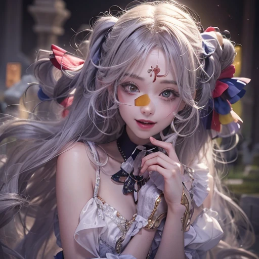 Standing in the grave、Hair flow、 ((highest quality、masterpiece、8k、Best image quality、Ultra-high resolution、Award-winning works)、(Accurate anatomy:1.1)、(Look at me and smile:1.1)、Shining fair skin with Ultra-high resolution、The most detailed face、Ultra-high resolution detailed face、Ultra-high resolutionの髪の毛、(Ultra-high resolution eye:1.1)、Beautiful face drawn in every detail、Cheerful clown costume, Chest to chest, Strange atmosphere, Ghosts flow, Dark Light, At the cemetery, Heavy makeup