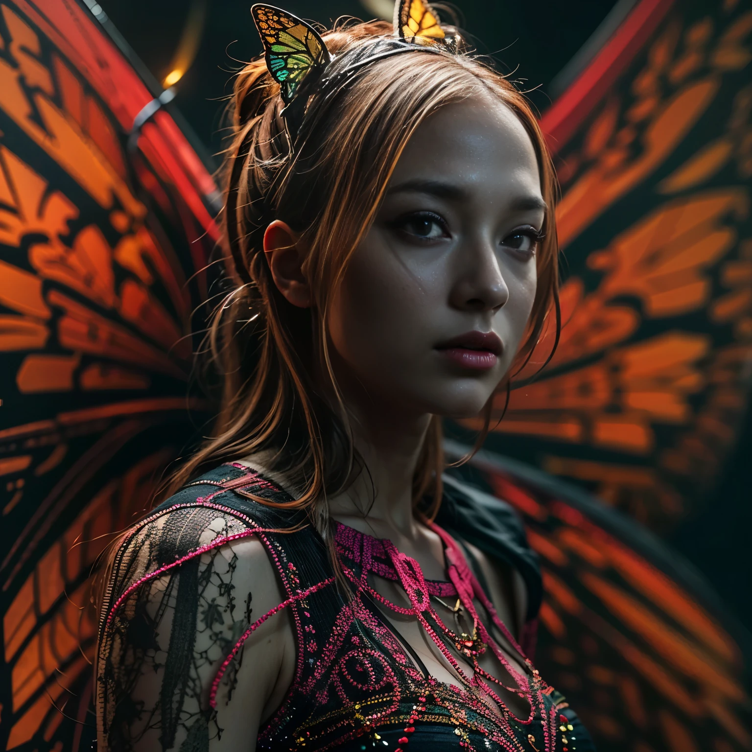 A hybrid monster with the body of a butterfly and the face of a woman、Cold look、An ominous presence、Orange tones、Soft lighting、Complex Texture、(highest quality、4k、8k、High Resolution、masterpiece: 1.2)、Super detailed、 (Real、Photorealistic、Photorealistic:1.37)、[insect]、[Transform]、[Horror]、limbless