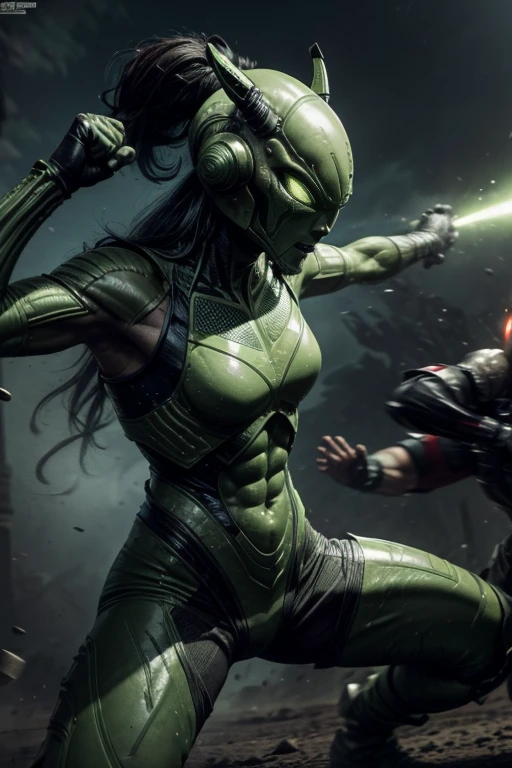 An alien warrior being is fighting in the
battlefield ,extreme aggression, tiger, powerful warrior, violent frame, green yellowish,female, sweet, three quarter wiew, digital art