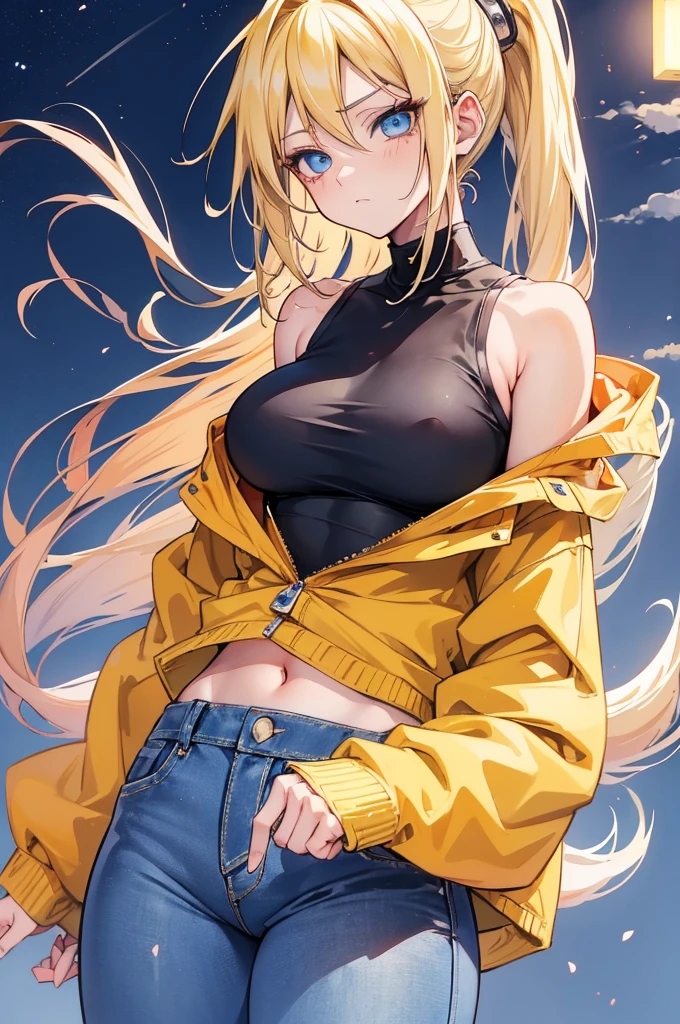 1 girl, naruto uzumaki as a girl, naruto genderswap, female naruto uzumaki, naruto genderbend (anime naruto) genderswap, female/girl/woman, feminine features, feminine body, great curves, cute, hot, long blond hair, blond hair, long hair, tail in hair, ponytail in hair, blond ponytail, blue eyes, beautiful eyes, feminine blue eyes, wearing(jeans and cropped shirt), jeans woman, jeans, cropped shirt, outfit, modern clothes, ultrasharp, 4k picture, highly detailed, beautiful
