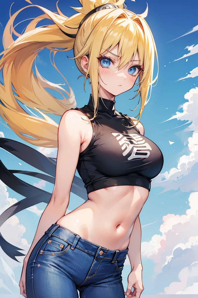 1 girl, naruto uzumaki as a girl, naruto genderswap, female naruto uzumaki, naruto genderbend (anime naruto) genderswap, female/girl/woman, feminine features, feminine body, great curves, cute, hot, long blond hair, blond hair, long hair, tail in hair, ponytail in hair, blond ponytail, blue eyes, beautiful eyes, feminine blue eyes, wearing(jeans and cropped shirt), jeans woman, jeans, cropped shirt, outfit, modern clothes, ultrasharp, 4k picture, highly detailed, beautiful