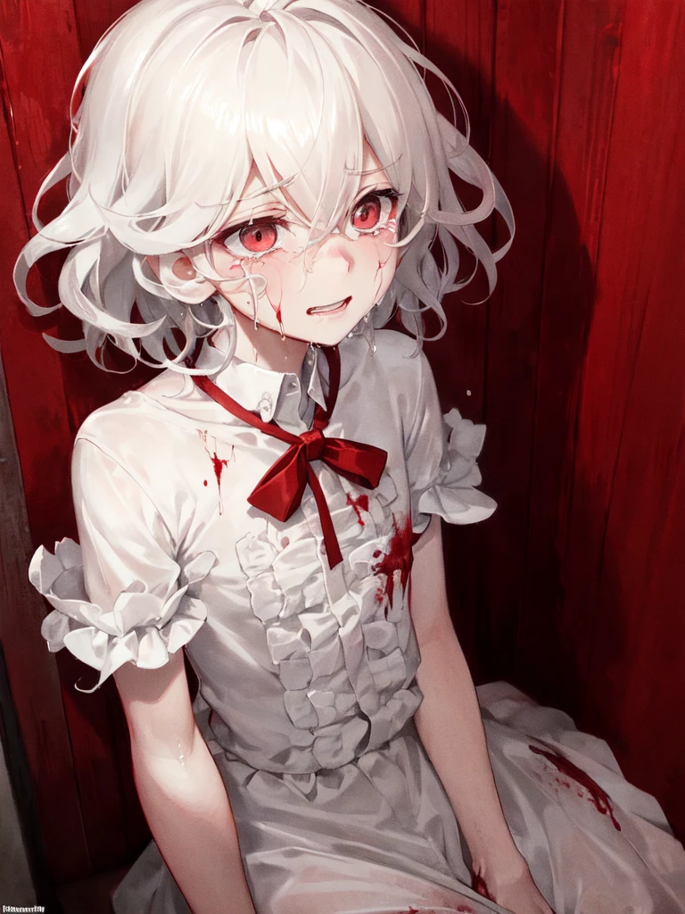 komaeda_nagito,1boy,short hair alone,crying,wearing men's white T-shirt,extremely detailed,teary eyes,soaked lashes,emotional expression,intense sadness,dripping tears,rosy cheeks,crazy eyes,crazy smile,mental illness,true-to-life textures,highly refined details,perfect anatomical structure,vibrant hues,artistic composition,breathtaking realism,masterful craftsmanship,highly emotional scene,silent sorrow,in a mental asylum, dim lighting,red blood,blood splatter, horror, creepy,moisture in the air, stark contrast,moody ambiance,precise contours,striking emotion,touching portrayal,painstaking attention to detail,aesthetically pleasing,heart-wrenching,deeply moving artistry