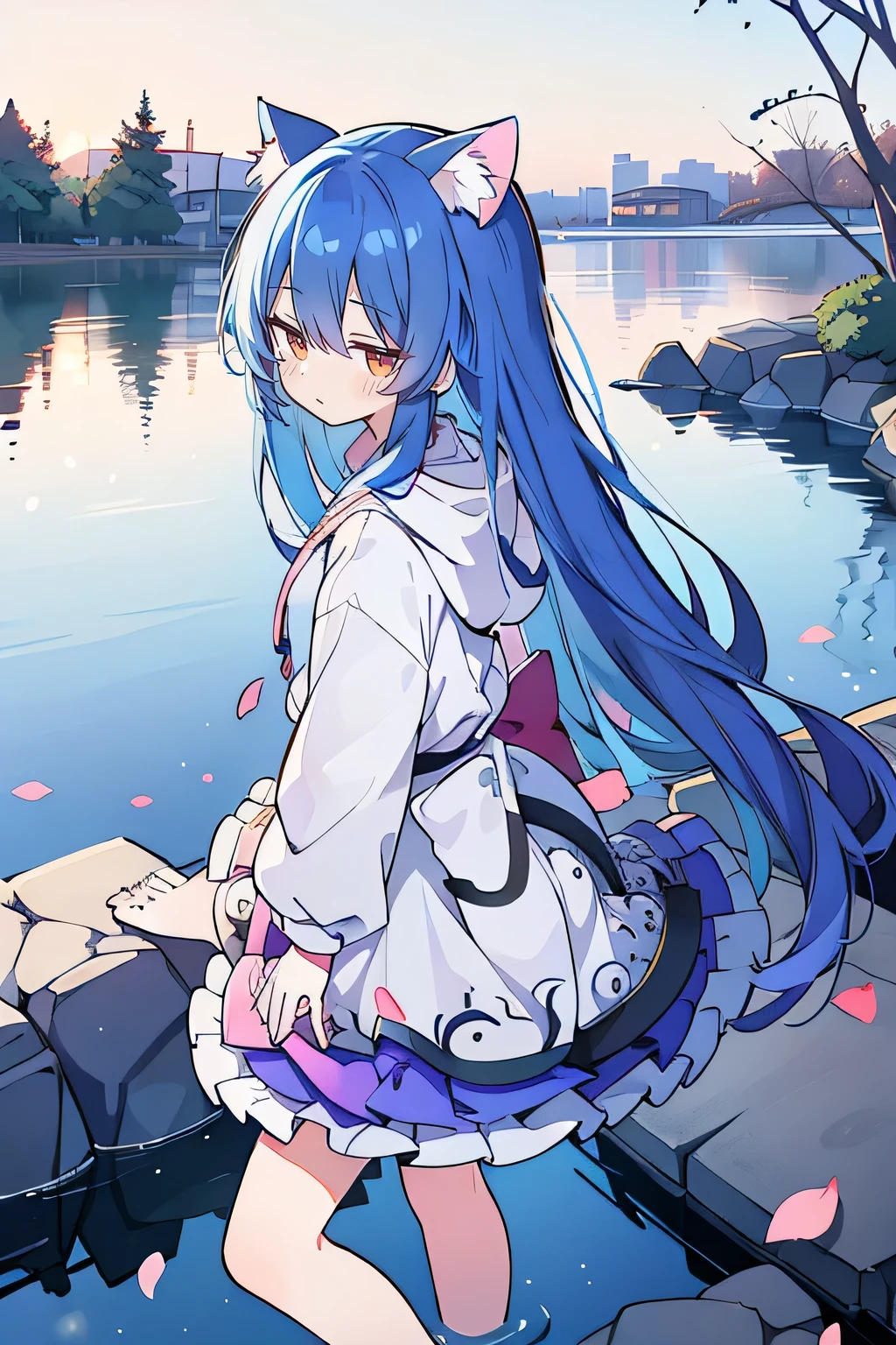 (masterpiece:1.2),Super detailed,lifelike,Expressive eyes,fair skin,perfect face shape,1 girl,
Japanese comics,Gorgeous blue hair,flowing blue hair,flowing clothes,Cat ears,Petals fall,beautiful lola,Baby Angel,
Shaking head with one hand,Cross your legs,Gentle and peaceful background,The pavilion is cool and comfortable,smile, wearing hoodie, background of tokyo,back views,snowing, winter,lie on the water.