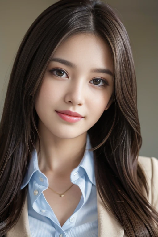 On the table, best quality, Practical, Super detailed, Finely, high resolution, 8k wallpaper, 1 Beautiful woman,, Light brown messy hair, Wearing a suit, Clear focus, Perfect dynamic composition, Beautiful and delicate eyes, Thinning hair, Detailed Practical skin texture, Smile, Close-up portrait, Model figure