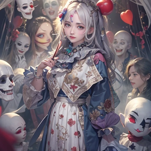 Standing in the grave、Hair flow、 ((highest quality、masterpiece、8k、Best image quality、Ultra-high resolution、Award-winning works)、(Accurate anatomy:1.1)、(Look at me and smile:1.1)、Shining fair skin with Ultra-high resolution、The most detailed face、Ultra-high resolution detailed face、Ultra-high resolutionの髪の毛、(Ultra-high resolution eye:1.1)、Beautiful face drawn in every detail、Cheerful clown costume, Chest to chest, Strange atmosphere, Ghosts flow, Dark Light, At the cemetery, Heavy makeup
