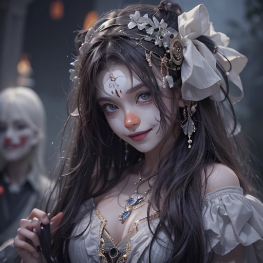 Standing in the grave、Hair flow、 ((highest quality、masterpiece、8k、Best image quality、Ultra-high resolution、Award-winning works)、(Accurate anatomy:1.1)、(Look at me and smile:1.1)、Shining fair skin with Ultra-high resolution、The most detailed face、Ultra-high resolution detailed face、Ultra-high resolutionの髪の毛、(Ultra-high resolution eye:1.1)、Beautiful face drawn in every detail、Cheerful clown costume, Chest to chest,  Strange atmosphere, Ghosts flow, Dark Light, At the cemetery, Heavy makeup 