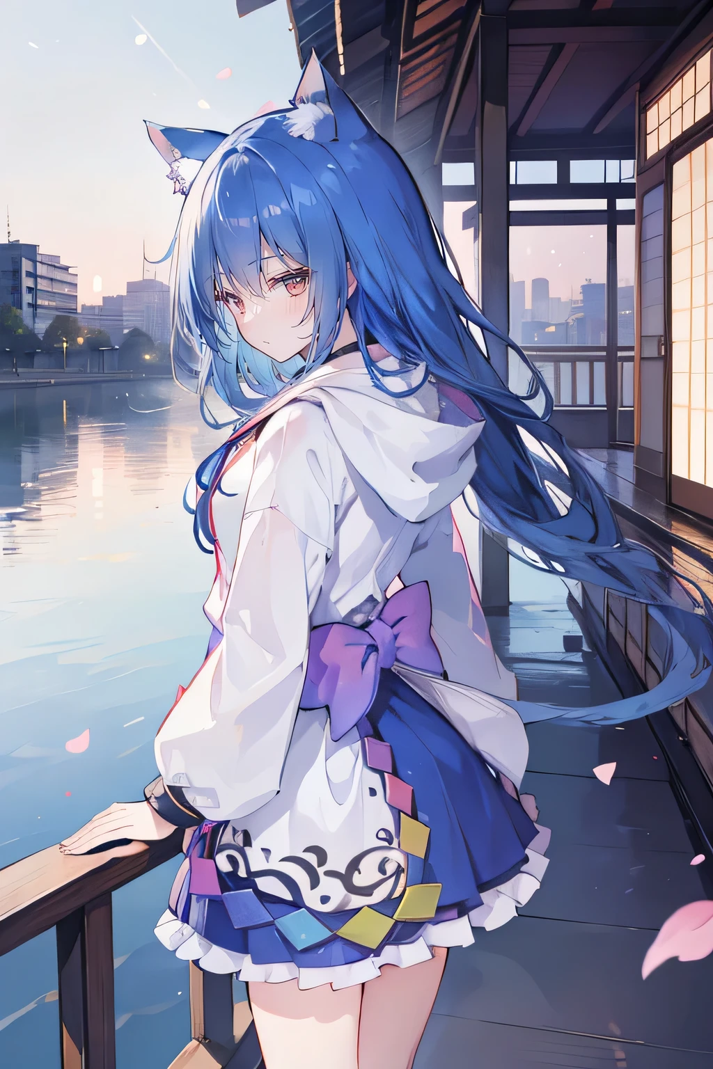 (masterpiece:1.2),Super detailed,lifelike,Expressive eyes,fair skin,perfect face shape,1 girl,
Japanese comics,Gorgeous blue hair,flowing blue hair,flowing clothes,Cat ears,Petals fall,beautiful lola,Baby Angel,
Shaking head with one hand,Cross your legs,Gentle and peaceful background,The pavilion is cool and comfortable,smile, wearing hoodie, background of tokyo,back views,snowing, winter,lie on the water,two legs.
