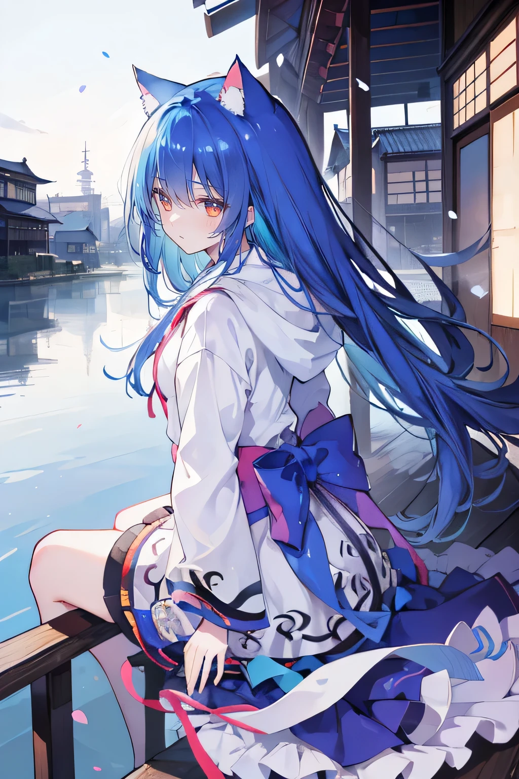 (masterpiece:1.2),Super detailed,lifelike,Expressive eyes,fair skin,perfect face shape,1 girl,
Japanese comics,Gorgeous blue hair,flowing blue hair,flowing clothes,Cat ears,Petals fall,beautiful lola,Baby Angel,
Shaking head with one hand,Cross your legs,Gentle and peaceful background,The pavilion is cool and comfortable,smile, wearing hoodie, background of tokyo,back views,snowing, winter,lie on the water,two legs.