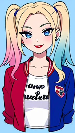 masterpiece, best quality, high quality, 1girl, solo,
harley quinn, twintails, smile, blue eyes, blonde hair, jacket, multicolored clothes, blue hair, looking at viewer, makeup, multicolored hair, multicolored jacket, simple background, shirt, blue background, open jacket, upper body, earrings, gradient hair, jewelry, ????????????, collarbone, long hair, red lips, blue jacket, red jacket, red hair, lipstick, long sleeves, multicolored shirt, pink hair, clothes writing, upper body, ??????????????,