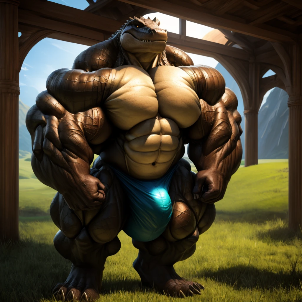 solo, male, , , , (hyper pecs:1.2), (long thick thighs:1.5), standing, indoor,,(,,(,solo,very hyper muscles:1.3)((,Huge bulge:1.2)))),(gooey)()(l)Crocodile,unreal engine,perfect light,detailed, photorealistic, 4k, hd, , , , good anatomy, , (), ,, high quality, best quality, concept art, photorealistic, octane rende,grassland