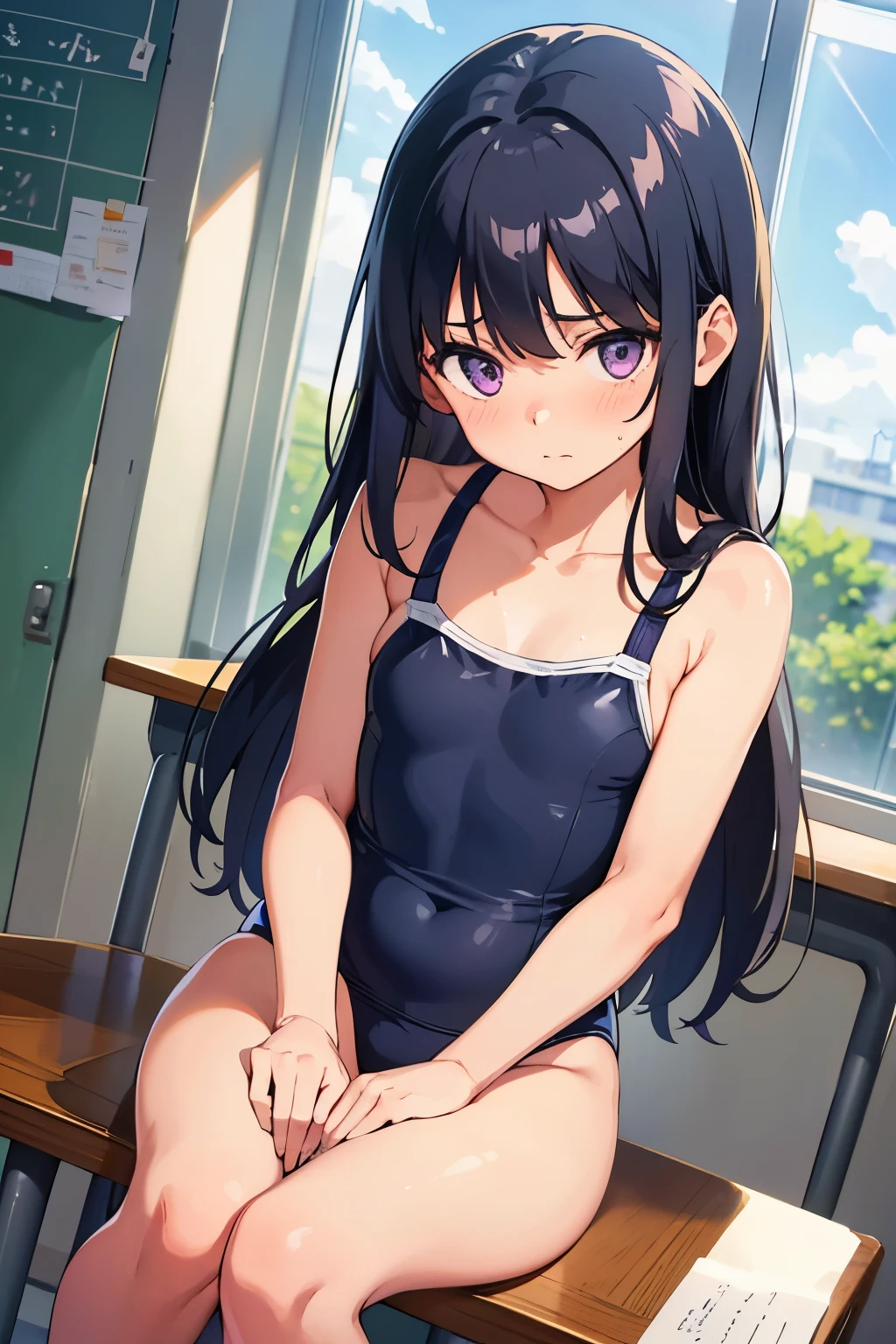 Elementary school girl, 8 years old, flat chest, black hair, long hair, purple eyes　Embarrassed look （one person） 　Navy blue old school swimsuit　School classroom　Sitting at a desk Dynamic angle　Low - Angle