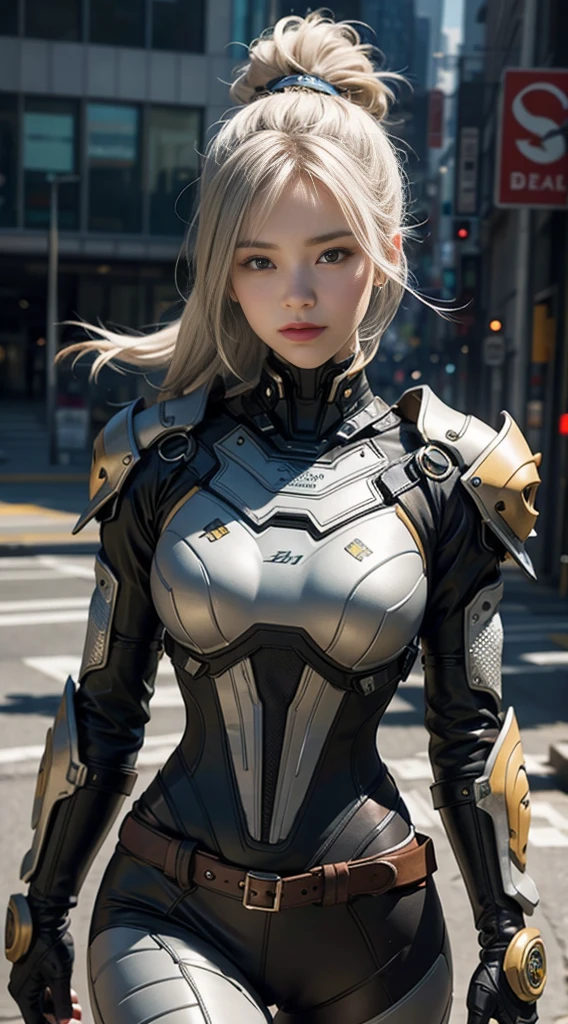 miling minchen, aburdes, (mouth:1.16) closed, balanced eyes, (Best quality details:1.2),realistic,8K High definition,Ultra Detailed,High quality texture,intricate details,detailed texture, finely detailed, high detail, extremely detailed high quality cyber mechanics 1girl sexy punk,gray yellow white skin armored background of vast grassland and abandoned city