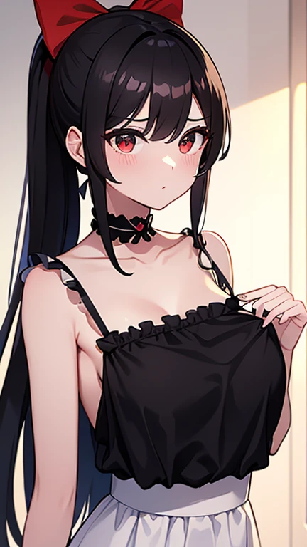adulto, Cabello negro ondulado, mirada penetrante con ojos profundos de color rojo, estatura promedio, Silky hair with a ponytail hairstyle collected with a red bow with two white lines, tiene pechos grandes, primer plano, session, standing in the middle of his room [[[[Maid]]] , Sonrojada, muslos grandes, maid