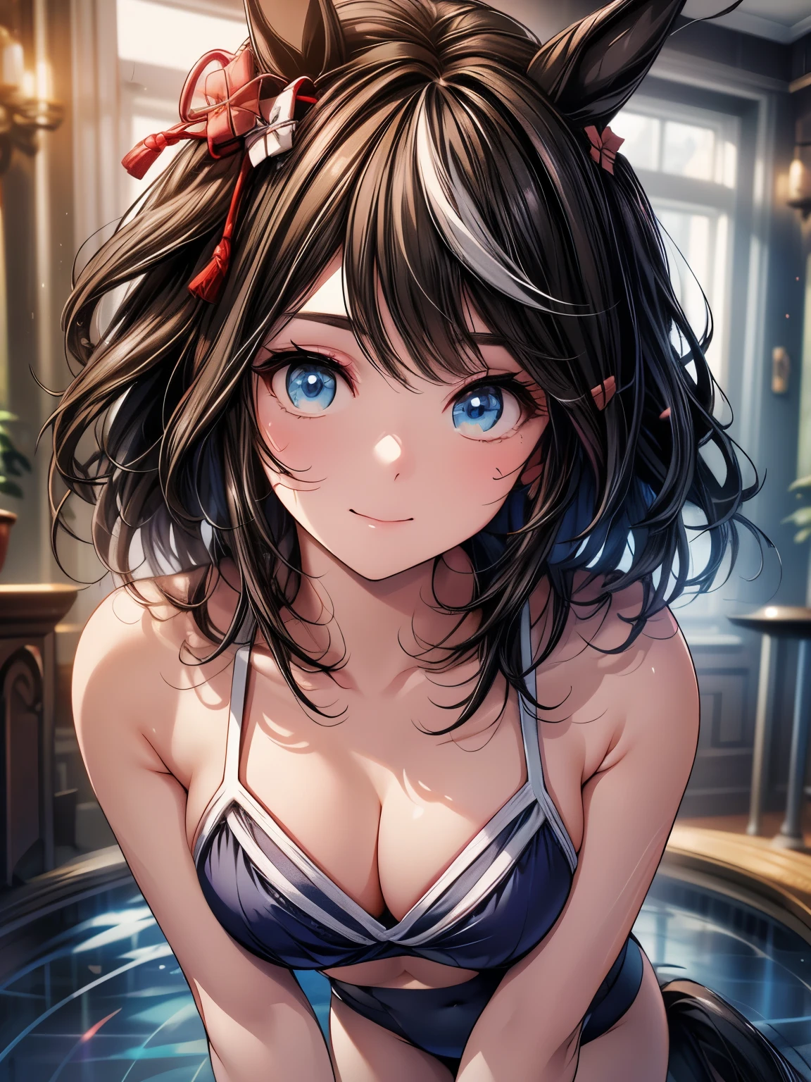 (Tabletop.highest quality).(Dynamic Angle). (Incredibly detailed CG paintings),(Perfect Image)、Comic Strip.figure.One Girl.Detailed face、Perfect Face.Delicate face、Textured skin、Black Hair.length、(Horse-eared girl)Horse-eared girl、((Beautiful Blue Eyes)).Delicate and beautiful eyes、The eyes are detailed、Reflective Eyes、Watery eye、smile.(Staring at the audience:1.3).(My face got a little red:0.8)、8k wallpaper、Cowboy Shot、reflected light、Highest detail、Complex、Delicate background、Textured skin、Detailed skin、Swimwear, ((カラフルなSwimwear))