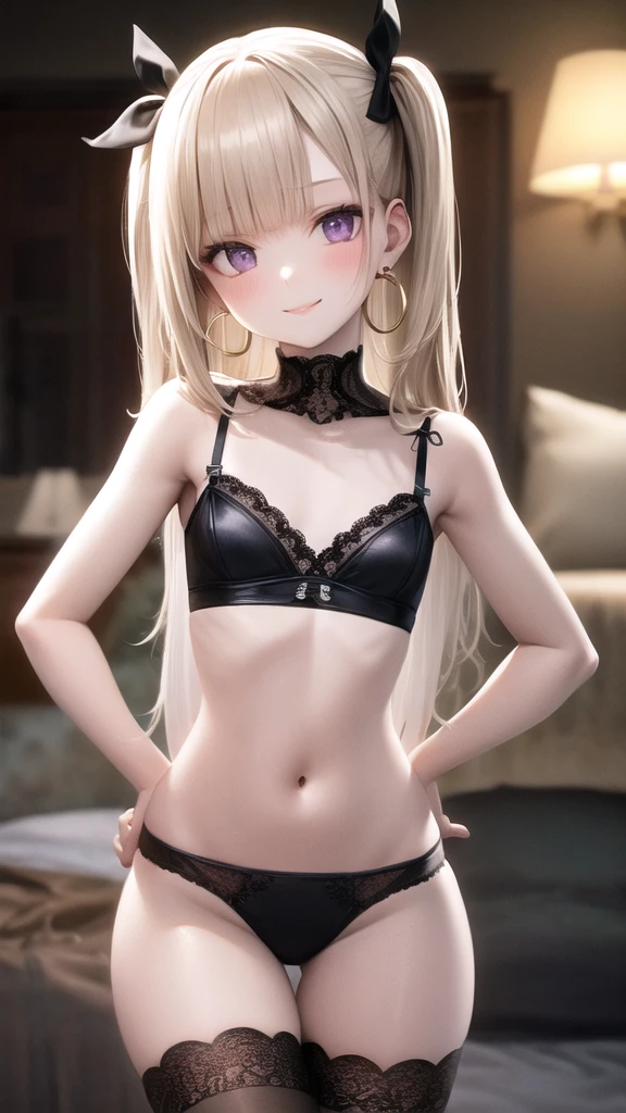 master piece,best quality,8k,
BREAK 1girl,(ultra detailed pale blonde hair:1.3),(ultra detailed white skin:1.2),(shiny skin),(ultra detailed light purple eyes:1.3),tsurime,
BREAK (bishojo),(cute),
BREAK (straight hair:1.2),(long hair:1.2),(two side up:1.3),(black color hair ribbon),blunt bangs,(small :1.2),(hoop earrings),blush,smile,head tilt,
BREAK (trimmed with lace black sexy lerie:1.2),(lace thighhighs:1.2),
BREAK (pov:1.2),(standing:1.2),(hand on hip:1.2),from front,
BREAK (Gorgeous bedroom:1.3),