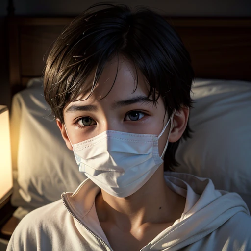 a young boy , handsome, wearing a white mask, looking uncomfortable and pained, lying in bed with a high fever, coughing, exhausted, measuring temperature with a thermometer, nearly dying, with a cooling gel sheet on his forehead, dramatic lighting, cinematic composition, muted colors, somber mood, hyper-realistic, award-winning photography, (best quality,4k,8k,highres,masterpiece:1.2),ultra-detailed,(realistic,photorealistic,photo-realistic:1.37),HDR,UHD,studio lighting,extreme detail description,vivid colors