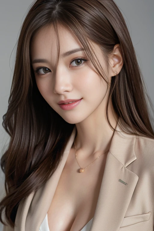 On the table, best quality, Practical, Super detailed, Finely, high resolution, 8k wallpaper, 1 Beautiful woman,, Light brown messy hair, Wearing a suit, Clear focus, Perfect dynamic composition, Beautiful and delicate eyes, Thinning hair, Detailed Practical skin texture, Smile, Close-up portrait, Model figure