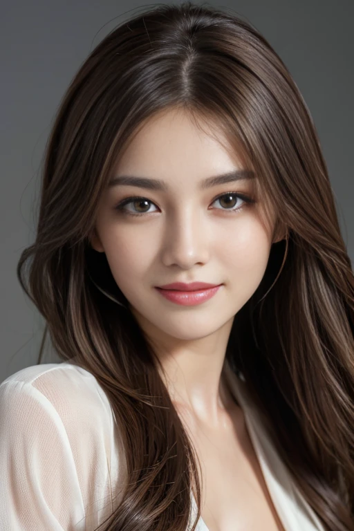 On the table, best quality, Practical, Super detailed, Finely, high resolution, 8k wallpaper, 1 Beautiful woman,, Light brown messy hair, Wearing a suit, Clear focus, Perfect dynamic composition, Beautiful and delicate eyes, Thinning hair, Detailed Practical skin texture, Smile, Close-up portrait, Model figure