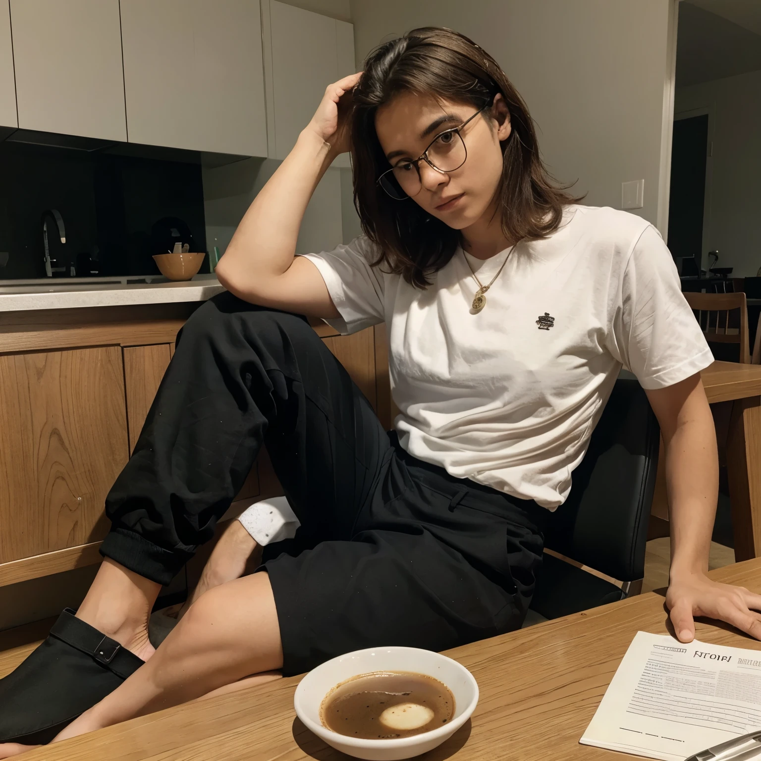 melhor qualidade, high resolution, imagem distinta, jovem, masculino, gordinho, with glasses, alto, cabelo curto e preto camisa social, suspensorio, dress pants, sapato social, sitting at the breakfast table with your cat, drinking coffee, gatos, preto, laranja e branco, roronando, em cima da mesa
