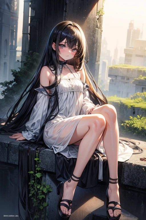1girl,,legwear,,anklet,black hair,straight_hair,hime cut,long hair,sneakers,huge filesize,scarf,lace,halter_dress,