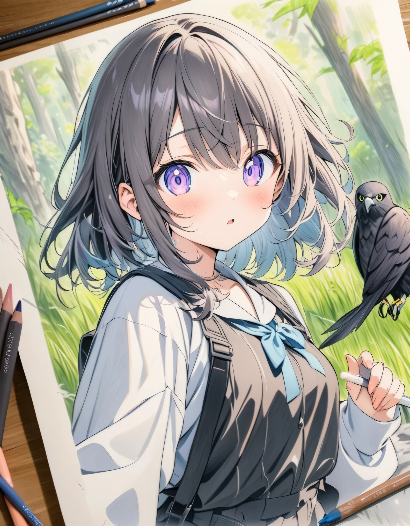 ((style:colored pencil,Pale colors)),(masterpiece:1.2),(anime),in the forest、grassland、Black kite、cute、girl