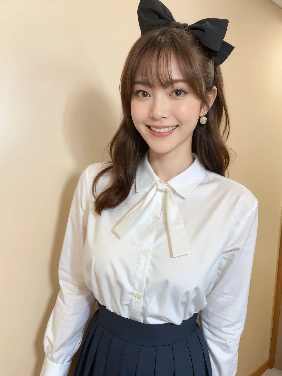 Medium display, Medium Shot, Depth of written boundary, bust, Upper Body, Movie angle, masterpiece, highest quality, Very detailed, CG, 8k wallpaper, Beautiful Face, Delicate eyes, Otome, alone, smile, bangs, skirt, shirt, Have, dress, bow, petal, bouquet