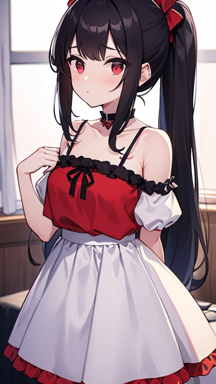 adulto, Cabello negro ondulado, mirada penetrante con ojos profundos de color rojo, estatura promedio, Silky hair with a ponytail hairstyle collected with a red bow with two white lines, tiene pechos grandes, primer plano, session, standing in the middle of his room [[[[Maid]]] , Sonrojada, muslos grandes, maid