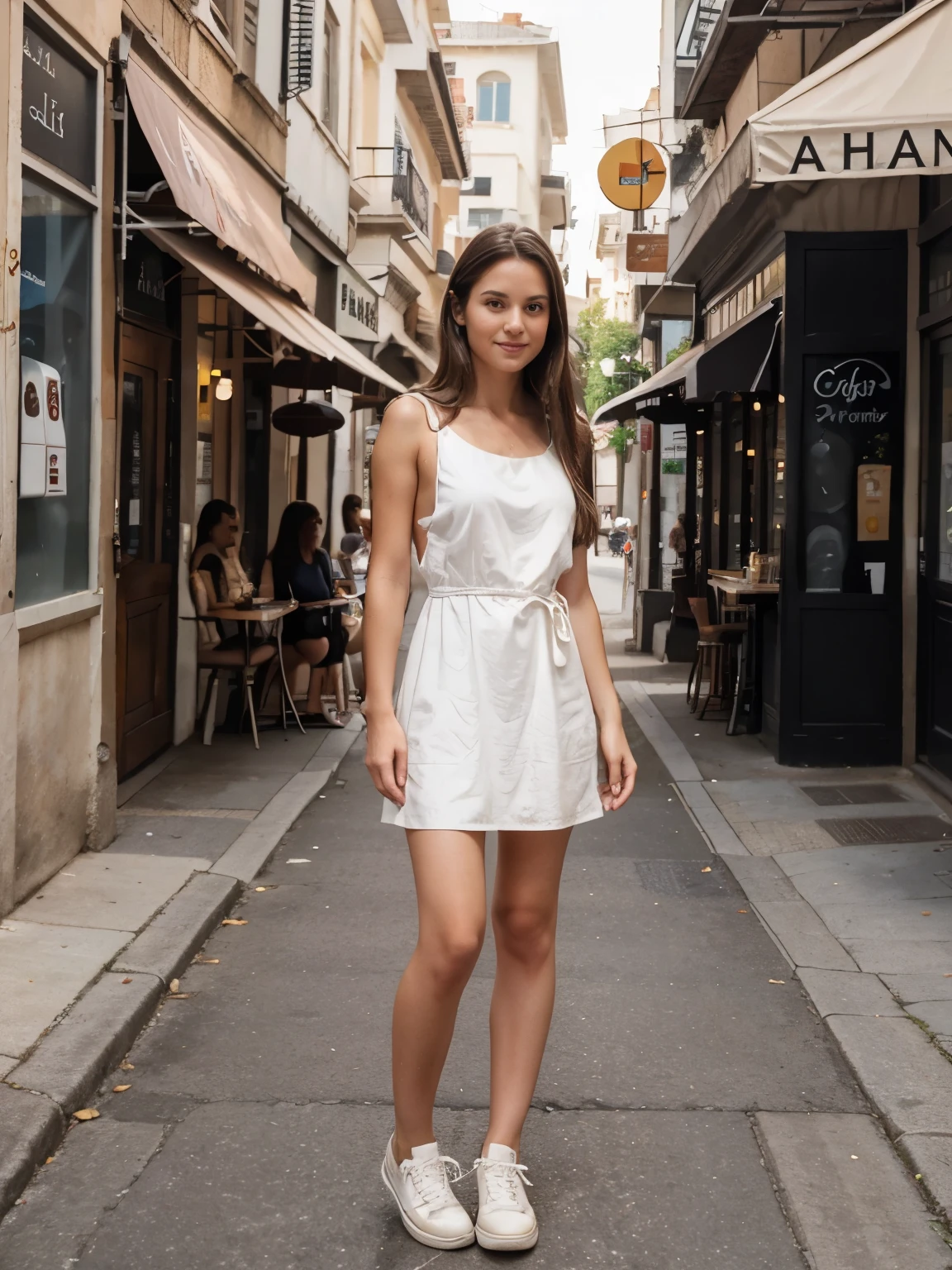 30 years old woman, fotorealistic proportions, full body view from head to toe, dark eyes, very long brown hair, wearing a very short summer dress, white sneakers on her feet, standing in front of a street cafe, looking absent minded into the camera with a cheerful expression.