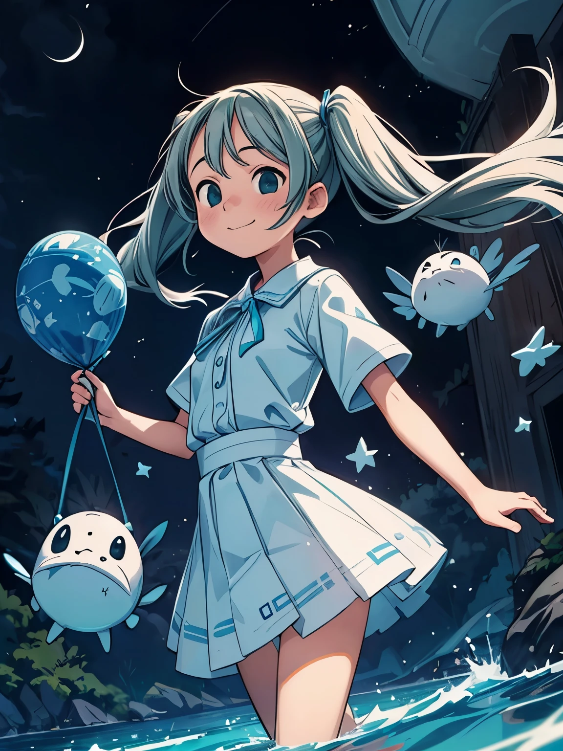 (masterpiece、highest quality、highest quality、Official Art、Beautiful and beautiful:1.2)、(One girl:1.3)Hatsune Miku、Twin tails,Big Breasts,Sea of stars, Night Sky, colorful, Mysterious, Attractive girl in a white tutu, Gray Hair, Walking on Water, Her smile was full of kindness and joy., Studio Ghibli style